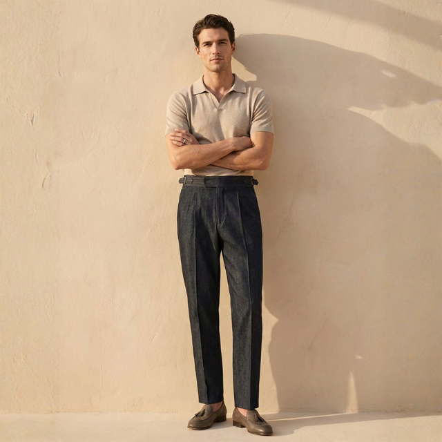 FJØRNA men's blue straight-leg cotton trousers with slim fit, classic chino style, shown on a model against a neutral background.