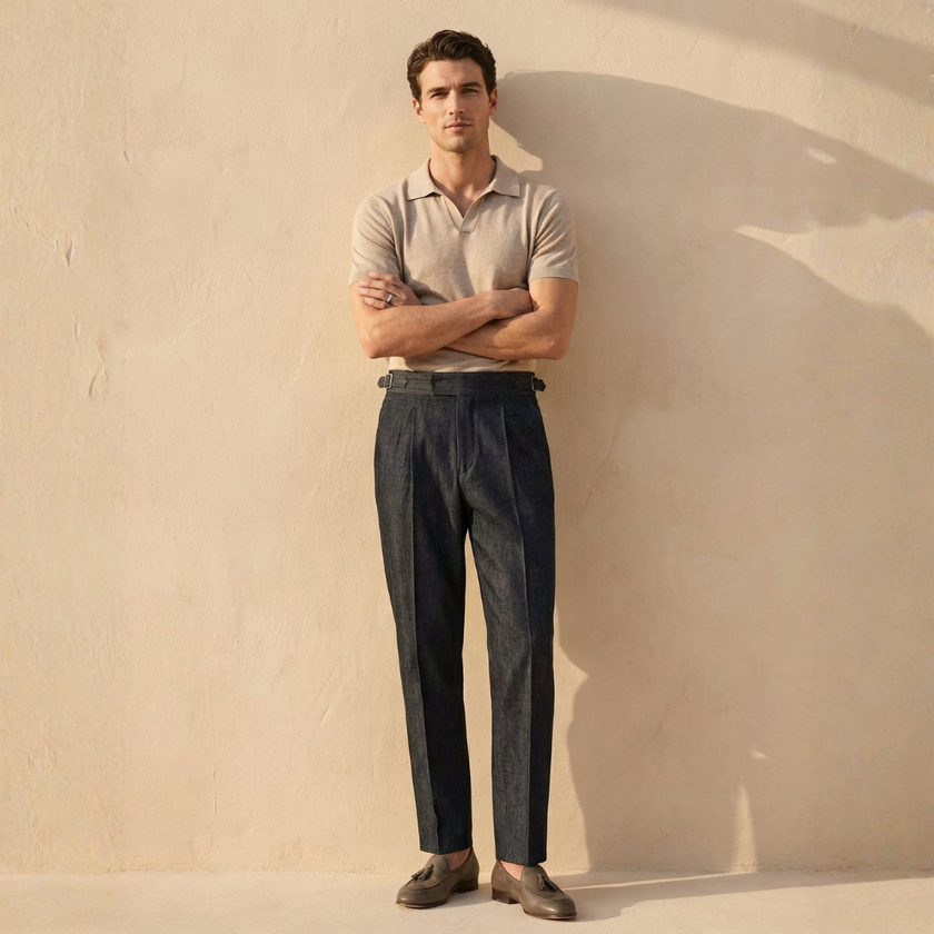 FJØRNA men's blue straight-leg cotton trousers with slim fit, classic chino style, shown on a model against a neutral background.