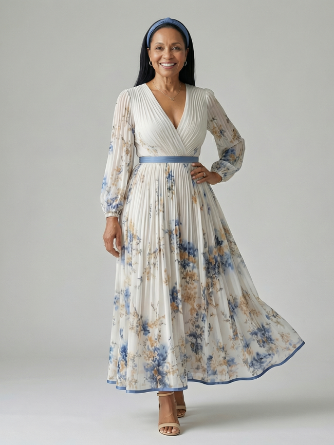FJØRNA women's summer midi dress with floral pattern, V-neck, long sleeves, perfect for warm weather and casual occasions.