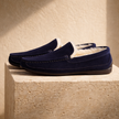 Men's suede wool-lined slippers by FJØRNA, cozy winter shoes with soft lining and slip-on design, perfect for cold weather comfort.