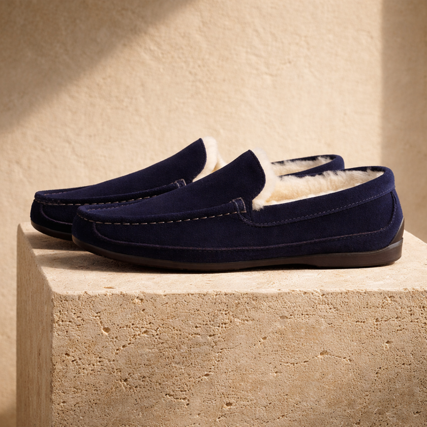 Men's suede wool-lined slippers by FJØRNA, cozy winter shoes with soft lining and slip-on design, perfect for cold weather comfort.