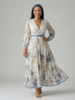 FJØRNA women's floral summer midi dress with long sleeves, lightweight fabric, and a flowing silhouette for warm weather.