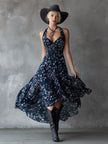 Navy blue chiffon floral maxi dress for women by FJØRNA, flowing fabric with floral pattern, full-length dress with sleeveless design