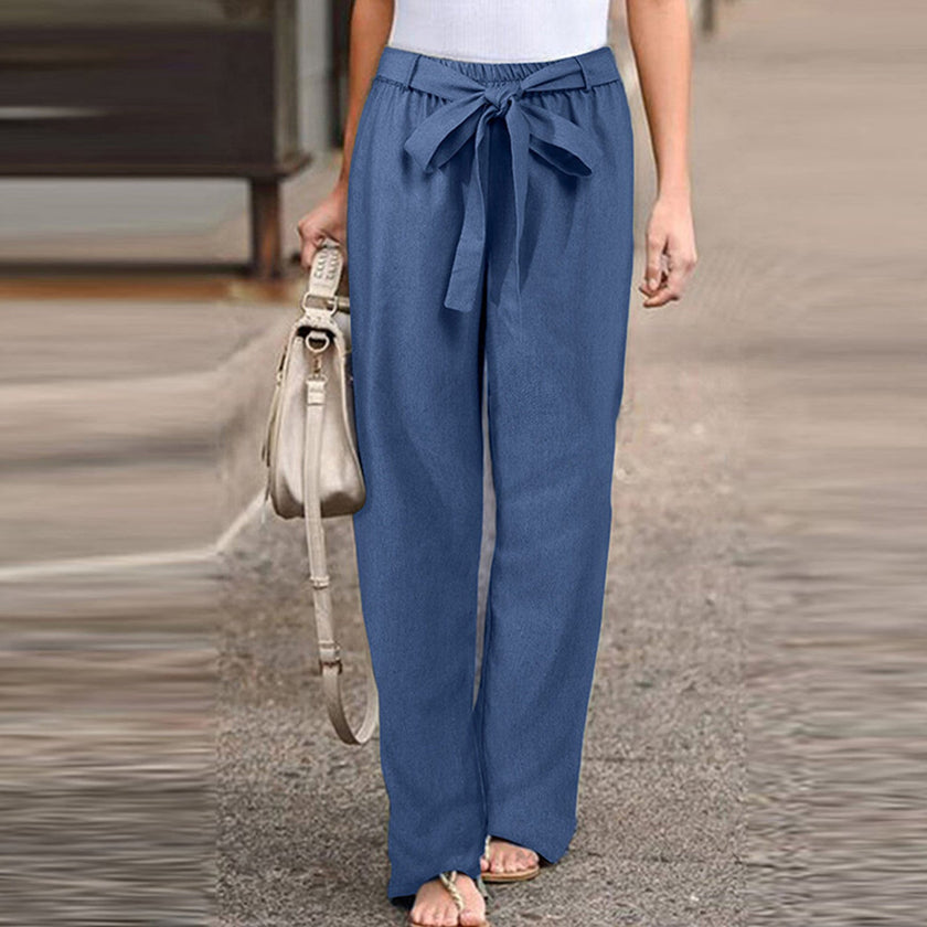 FJØRNA linen summer dress for women with denim wide-leg trousers, lightweight and breathable casual women’s clothing.