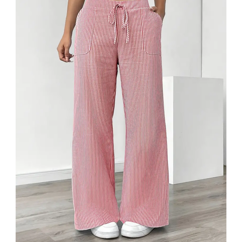 FJØRNA women's lightweight summer trousers with drawstring and striped pattern, casual and comfortable for warm weather.