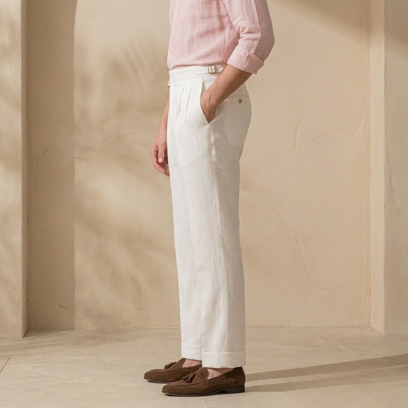FJØRNA men's linen pleated straight-leg trousers, tailored linen pants with a relaxed fit and classic design.