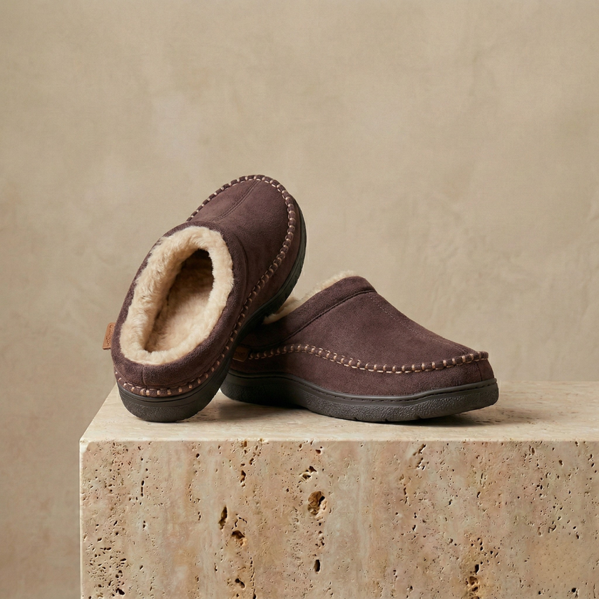 FJØRNA men's soft slip-on slippers with plush lining, comfortable house shoes for cozy indoor wear.