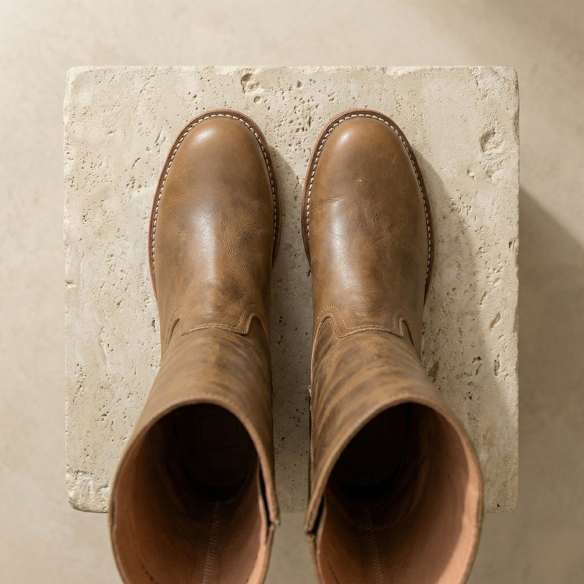 FJØRNA tan knee-high leather boots for women with block heels, winter footwear featuring a sleek, stylish design.
