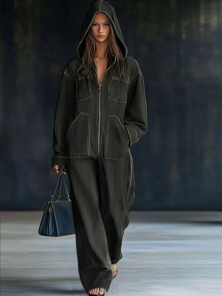 FJØRNA women's casual loose fitting retro pocket denim jumpsuit with long sleeves, hood, and front zipper.