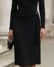 FJØRNA black cowl neck 3/4 sleeve bodycon midi dress, elegant cocktail dress with form-fitting silhouette and stylish design