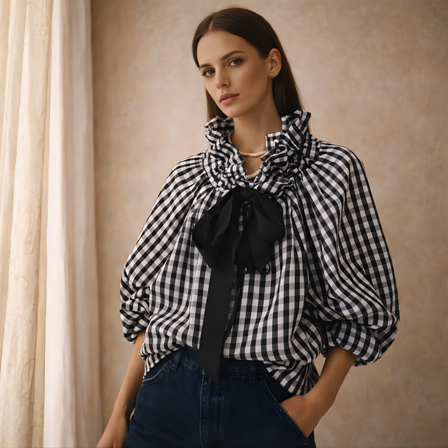 FJØRNA women's oversized gingham ruffle long sleeve blouse, lightweight tops with a relaxed fit and feminine ruffle details.