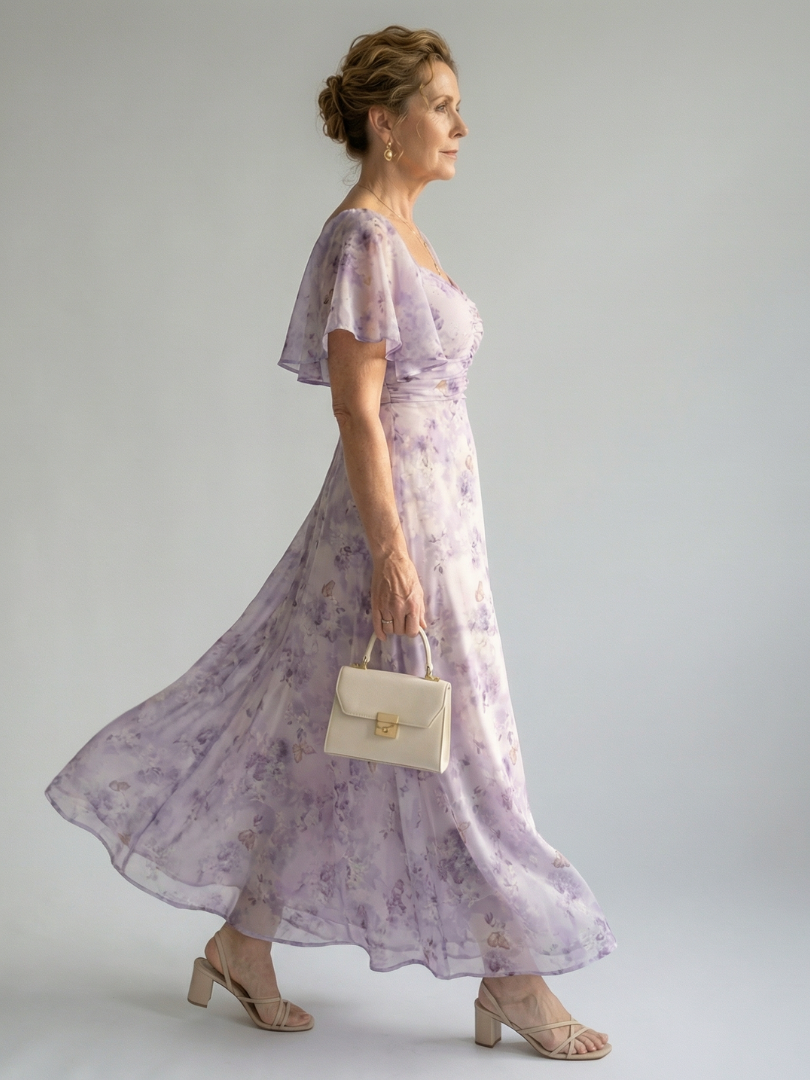 FJØRNA women's summer midi dress with floral print, square neckline, and flutter sleeves, perfect for warm-weather style.