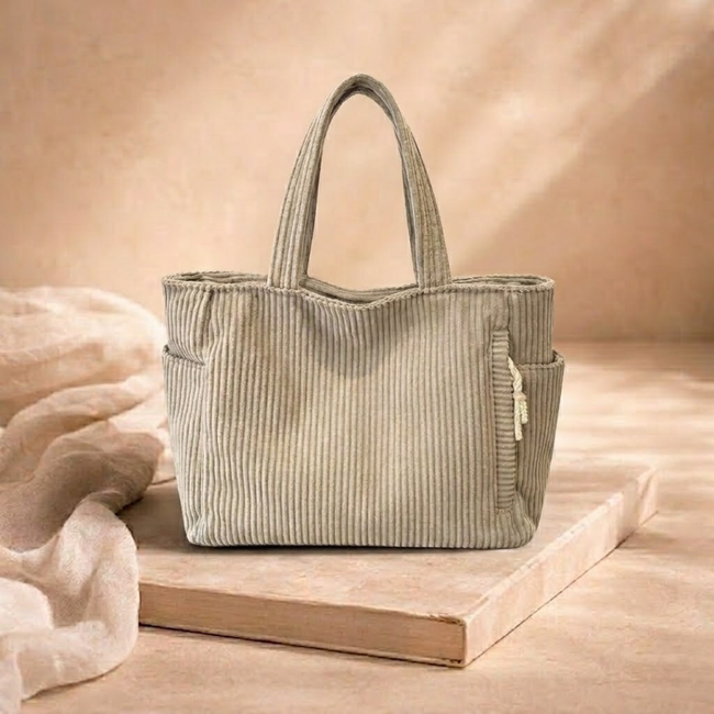Large corduroy tote bag for women by FJØRNA, featuring a spacious shoulder design perfect for everyday use.