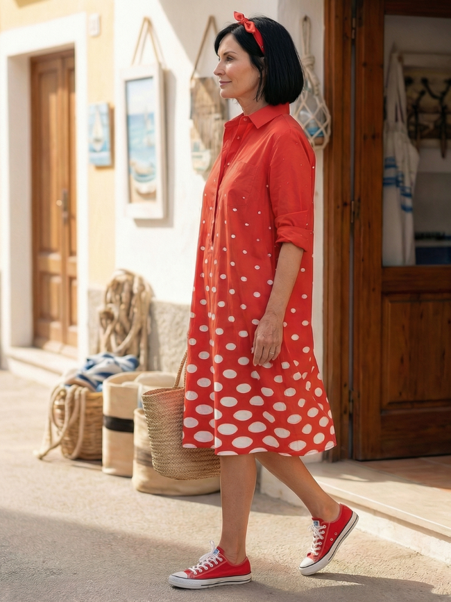 FJØRNA women's summer polka dot wrap dress featuring a flowy, lightweight design and stylish silhouette.
