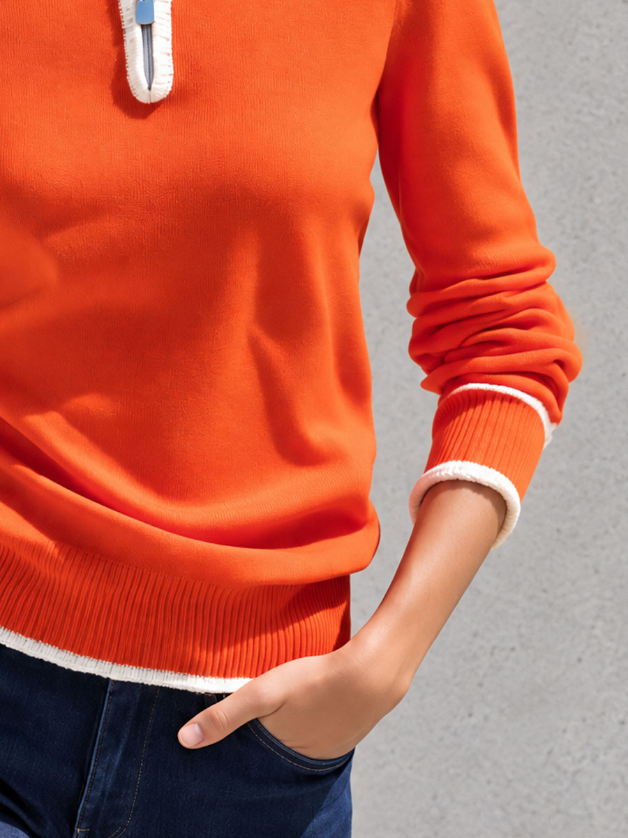 Orange Color-Block Half-Zip Knit Sweater with Stand Collar for Women