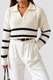 Cable Knit Sweater Women V-Neck Striped Diamond Texture Cotton