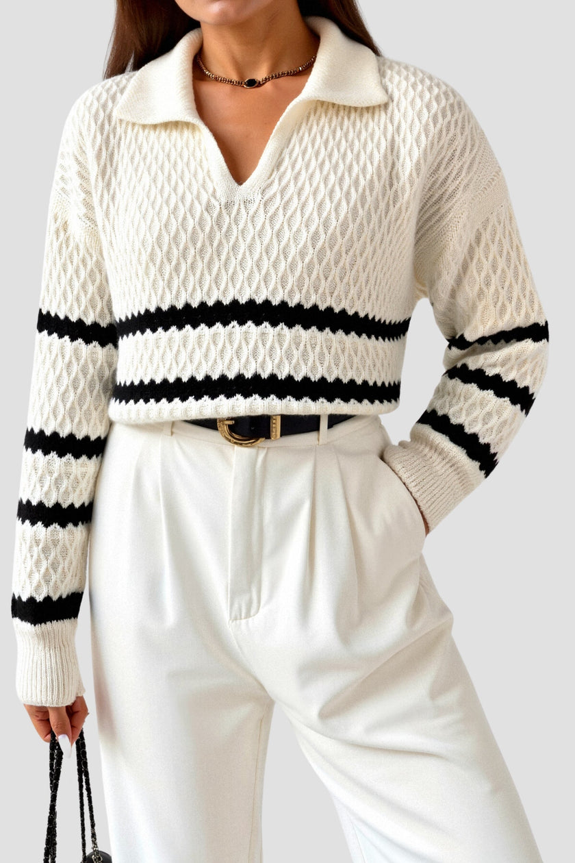 Cable Knit Sweater Women V-Neck Striped Diamond Texture Cotton