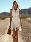 FJØRNA denim tassel mini dress for women, casual sleeveless dress with tassel details and fitted silhouette.