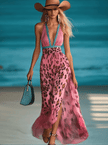 Pink chiffon V-neck maxi dress for women by FJØRNA, flowing fabric with elegant design, shown in a full-length view.