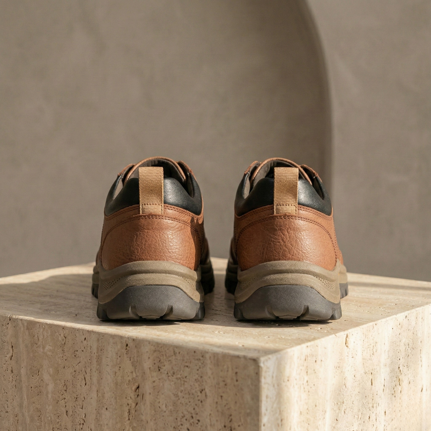 Men's red leather orthopedic shoes by FJØRNA featuring supportive design and comfortable walking sole.