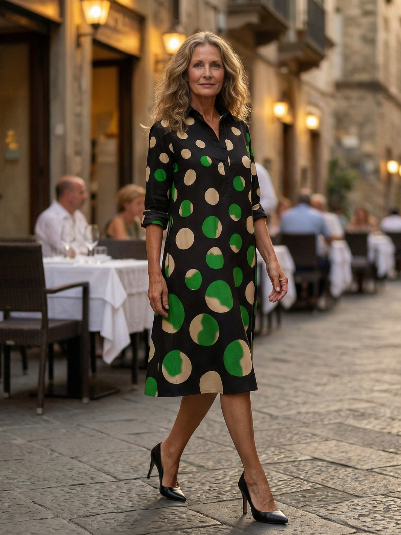 FJØRNA women's summer polka dot wrap dress, flowy lightweight fabric, stylish for warm weather, shown in a natural outdoor setting.