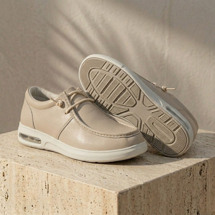 Men's red leather orthopedic walking shoes by FJØRNA, featuring cushioned soles and supportive design for comfort and stability.