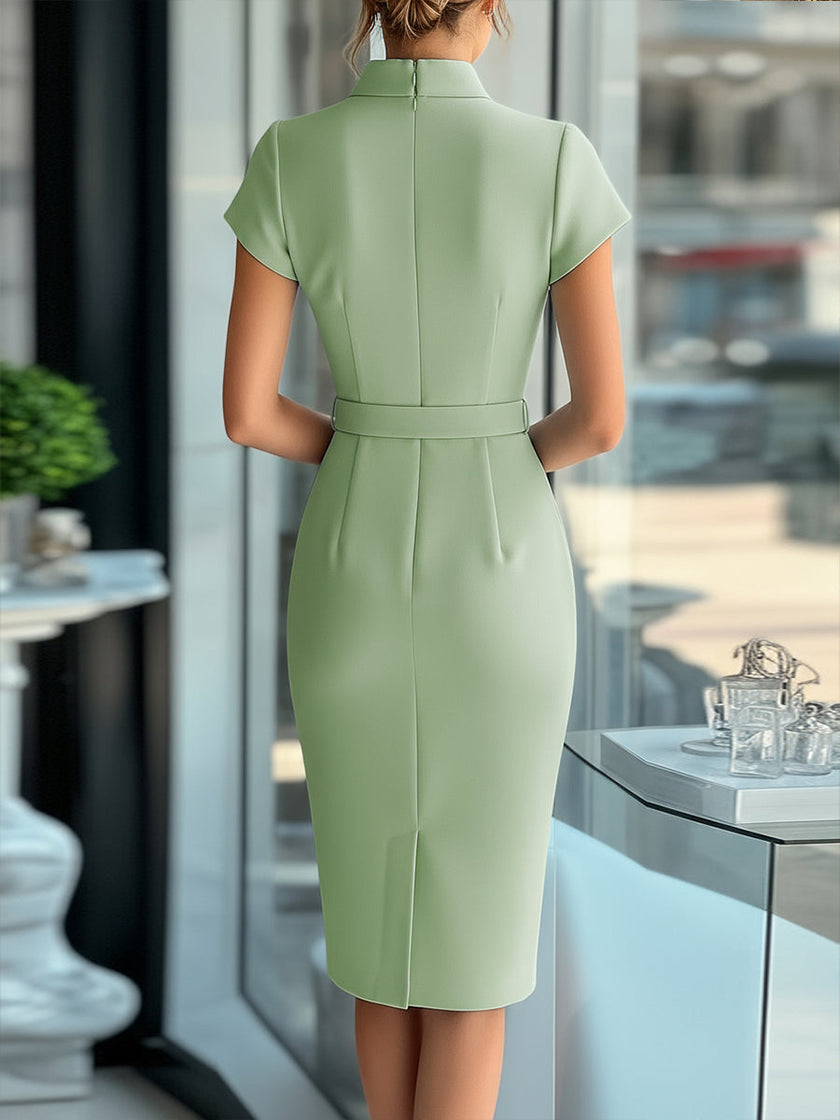 Sky blue FJØRNA asymmetric belted dress, cocktail style, featuring a sleek silhouette and stylish belt detail.