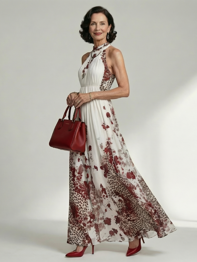 FJØRNA floral summer maxi dress for women with long sleeves and pleated design, flowing and lightweight for warm weather.