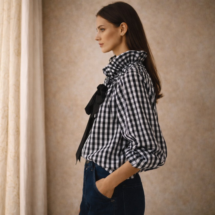 FJØRNA gingham ruffle oversized blouse for women with long sleeves, featuring a stylish and relaxed fit, perfect for casual wear.