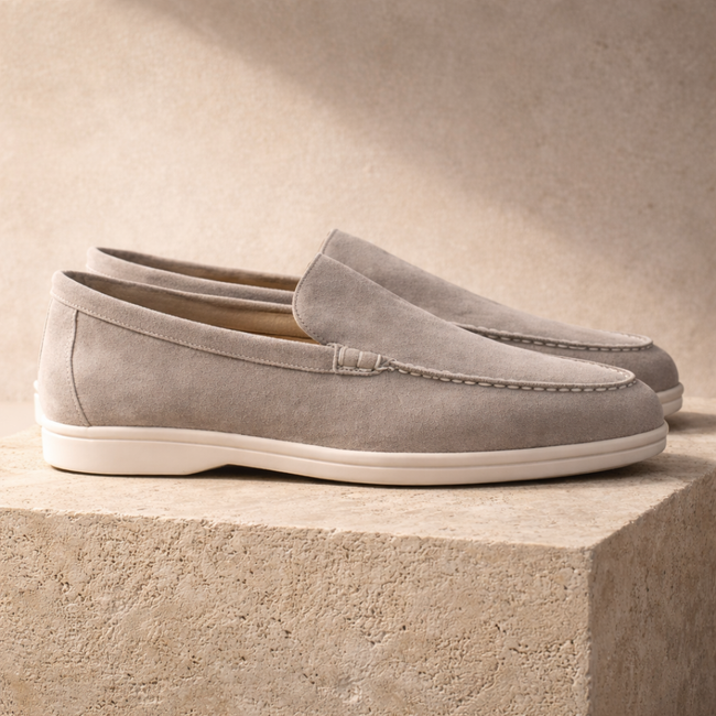 FJØRNA navy suede slip-on loafers for men, stylish smart casual shoes with a sleek design and comfortable fit.