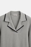 Contrast Trim Sweater Women Lapel Collar Cotton Blend Grey