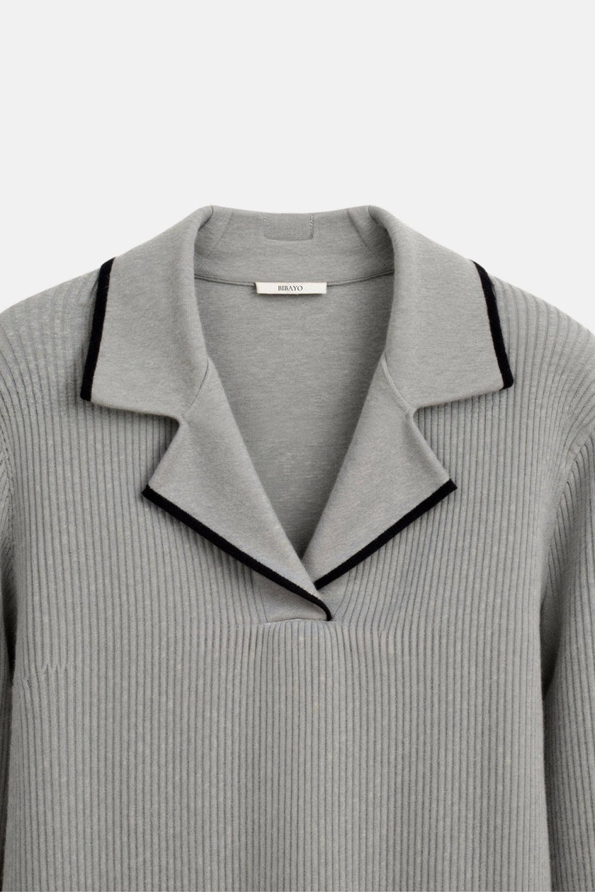 Contrast Trim Sweater Women Lapel Collar Cotton Blend Grey
