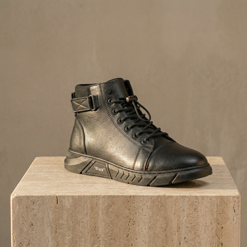 Men's black high-top leather Chelsea boots with side zipper from FJØRNA, showcasing sleek design and sturdy sole.