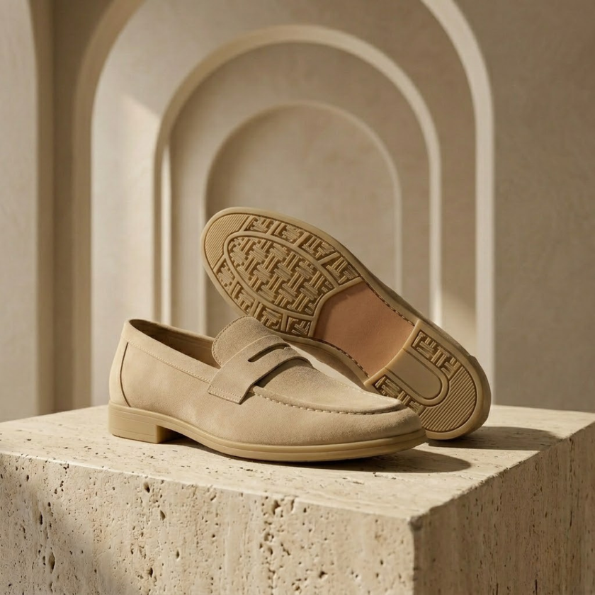 FJØRNA men's suede slip-on loafers with sleek design, featuring smooth suede material and comfortable low-profile sole.