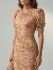 FJØRNA women's summer maxi dress with high neckline and puff sleeves, flowing fabric perfect for warm weather.