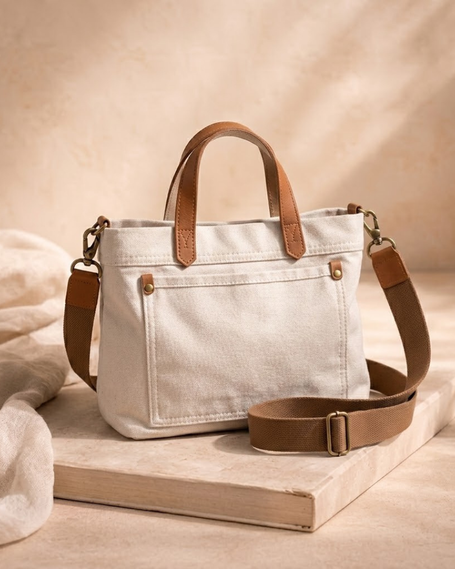 Large FJØRNA canvas messenger bag with adjustable shoulder strap, casual everyday bag for women, featuring front flap and spacious interior.