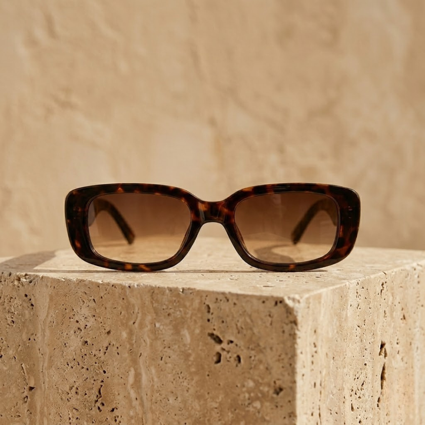FJØRNA retro tortoiseshell rectangular unisex sunglasses with bold frames, stylish accessories for women.