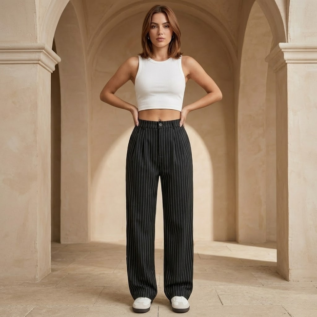 FJØRNA pinstripe high-waisted wide-leg women's trousers laid flat, showcasing tailored design and classic pinstripe pattern.
