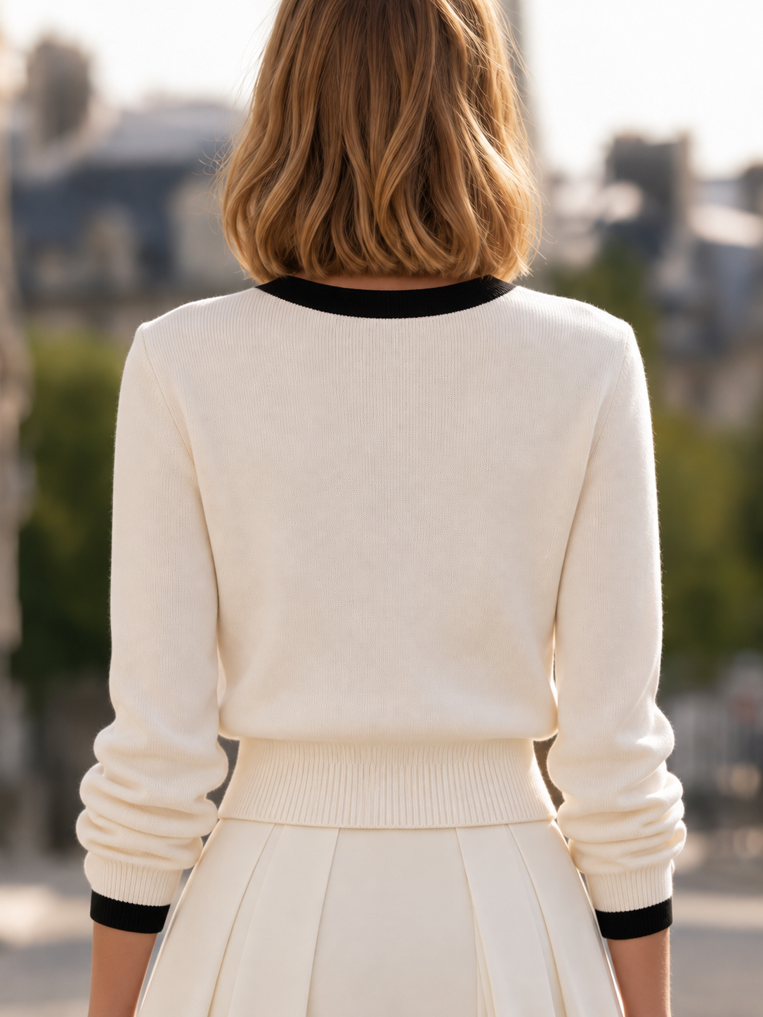 Collarless Knit Cardigan with Contrast Trim and Pearl Buttons for Women