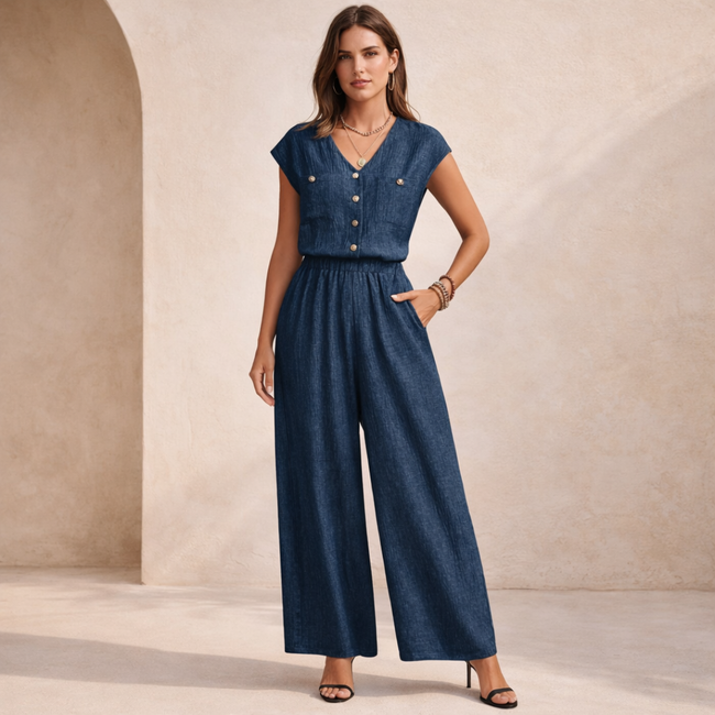 FJØRNA wide-leg women’s jumpsuit with V-neck and button front, featuring a relaxed fit and stylish design.