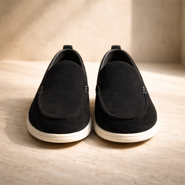 FJØRNA black suede casual slip-on loafers for men, stylish and comfortable men’s suede shoes with a sleek design.