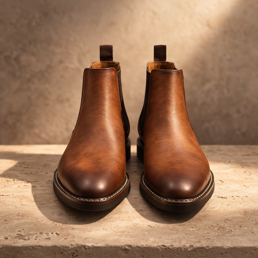 FJØRNA men's retro leather Chelsea boots showing classic ankle-height design with smooth leather finish and elastic side panels.