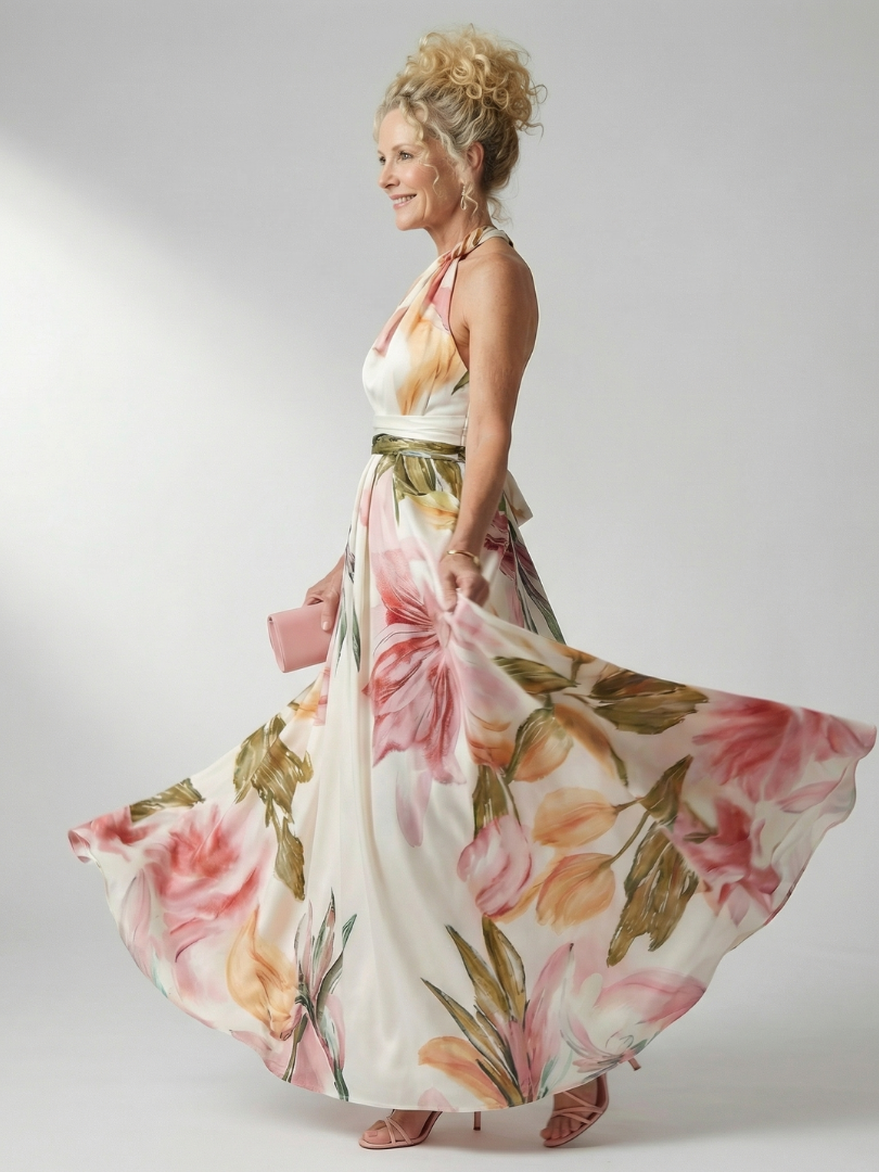 Floral halter neck sleeveless summer maxi dress for women by FJØRNA, flowing lightweight fabric with vibrant floral pattern.