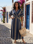 FJØRNA women's summer midi dress with striped pattern, short sleeves, wrap style, lightweight fabric, perfect for warm weather.