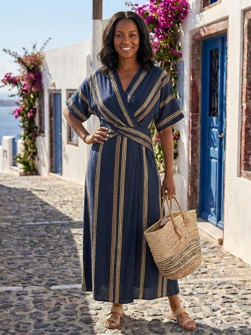 FJØRNA women's summer midi dress with striped pattern, short sleeves, wrap style, lightweight fabric, perfect for warm weather.