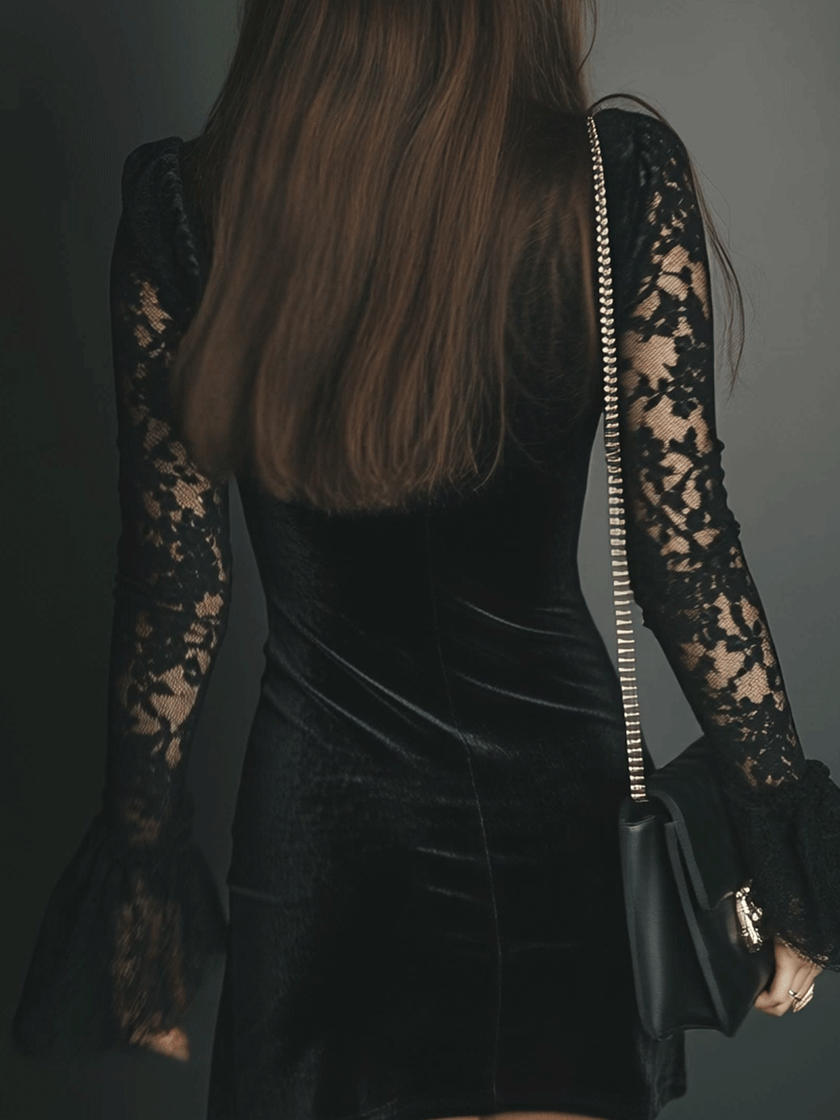 FJØRNA velvet mini dress, elegant evening dress with long sleeves and fitted silhouette, worn by a model on a runway.