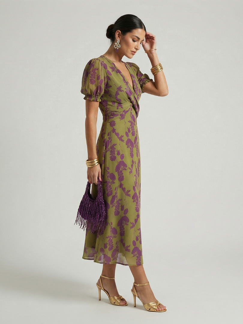 FJØRNA women's floral summer midi dress with V-neck, flowing fabric, and sleeveless design for warm weather.