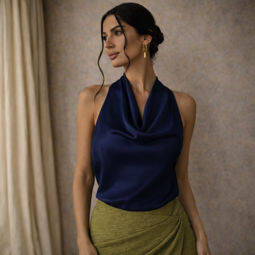 FJØRNA satin cowl neck sleeveless women's top in cream, featuring a mock neck and elegant sleeveless design.