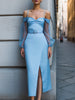 Light blue off-shoulder mesh-sleeve midi dress by FJØRNA, perfect for wedding guests, featuring elegant, flowing fabric and stylish design.