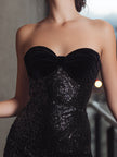 FJØRNA black velvet bow sequin fringe mini dress, stylish cocktail dress with bow detail and shimmering embellishments.
